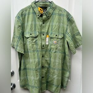 New- Carhartt Loose Fit Midweight Plaid Green Blue White Button Shirt-Mens 2XL